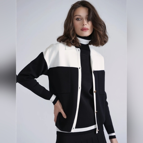 Aleeza Chic Monochrome Sweater/ Blazer With Gold Buttons & Pockets - Picture 1 of 11
